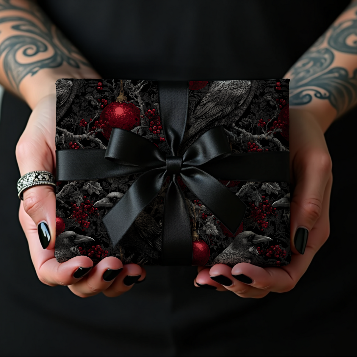 Ravens of the Crimson Night Gothic Christmas Wrapping Paper