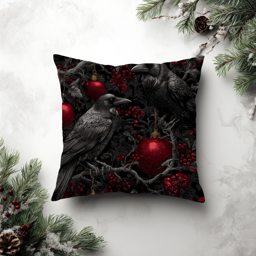 Ravens of the Crimson Night | Gothic Holiday Decorative Pillow