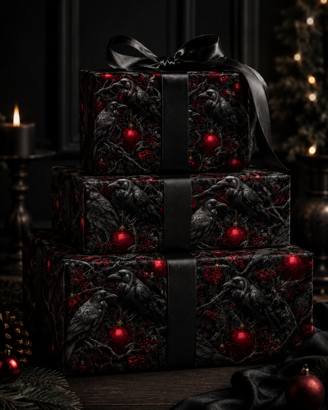 Ravens of the Crimson Night Gothic Christmas Wrapping Paper