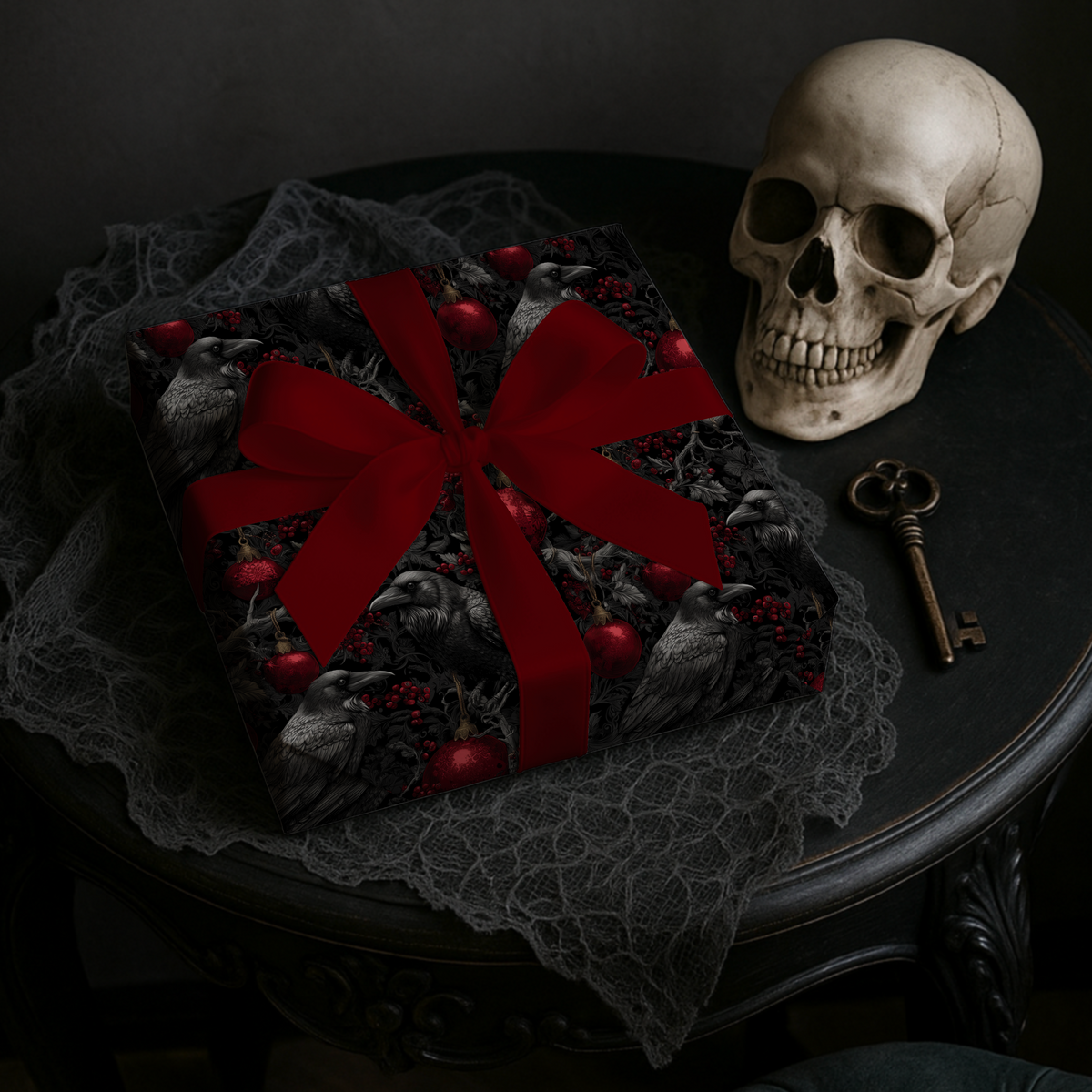 Ravens of the Crimson Night Gothic Christmas Wrapping Paper