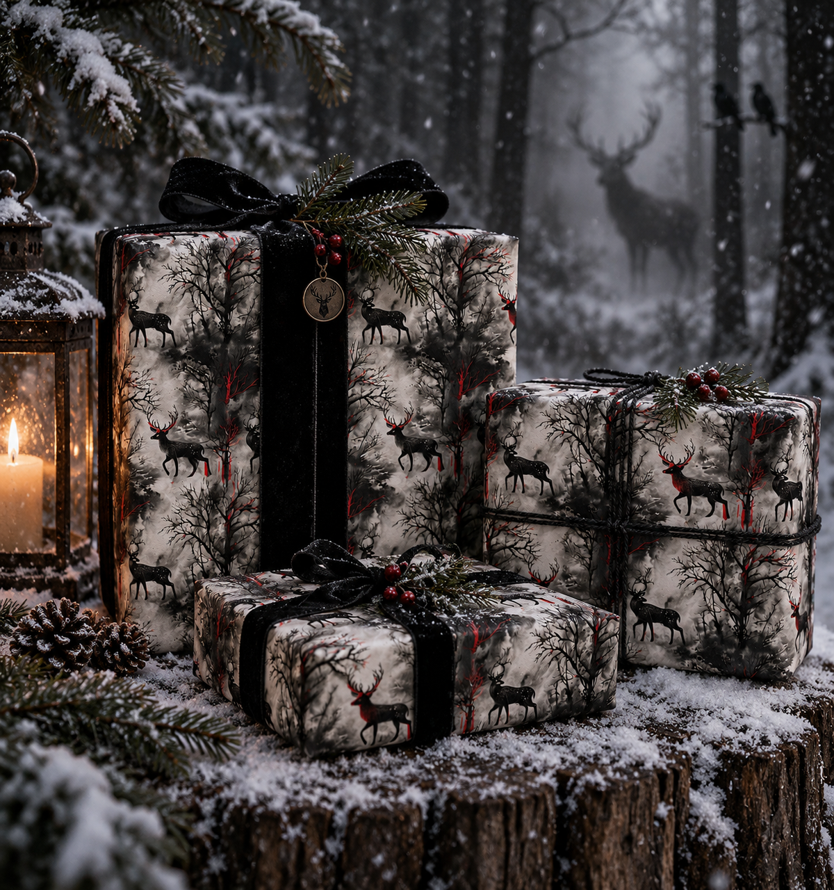 Red Phantom Deer Mythical Forest Holiday Wrapping Paper