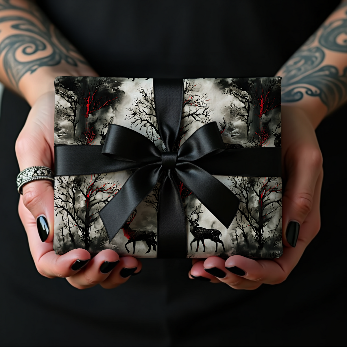 Red Phantom Deer Mythical Forest Holiday Wrapping Paper