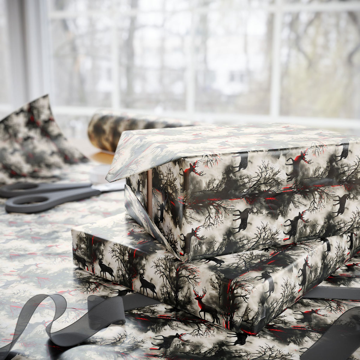 Red Phantom Deer Mythical Forest Holiday Wrapping Paper