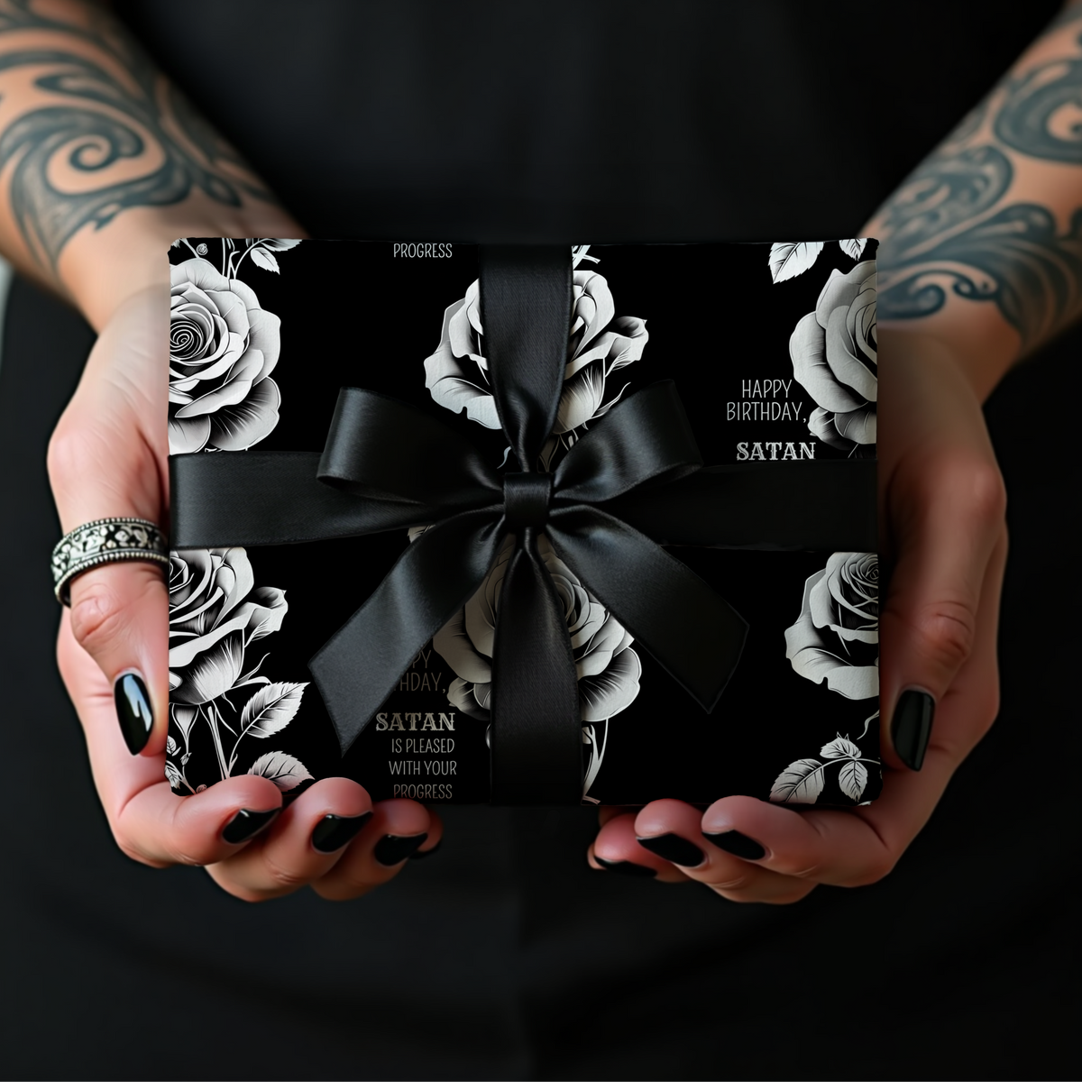 Birthday Rose from Satan Black & White Gothic Wrapping Paper