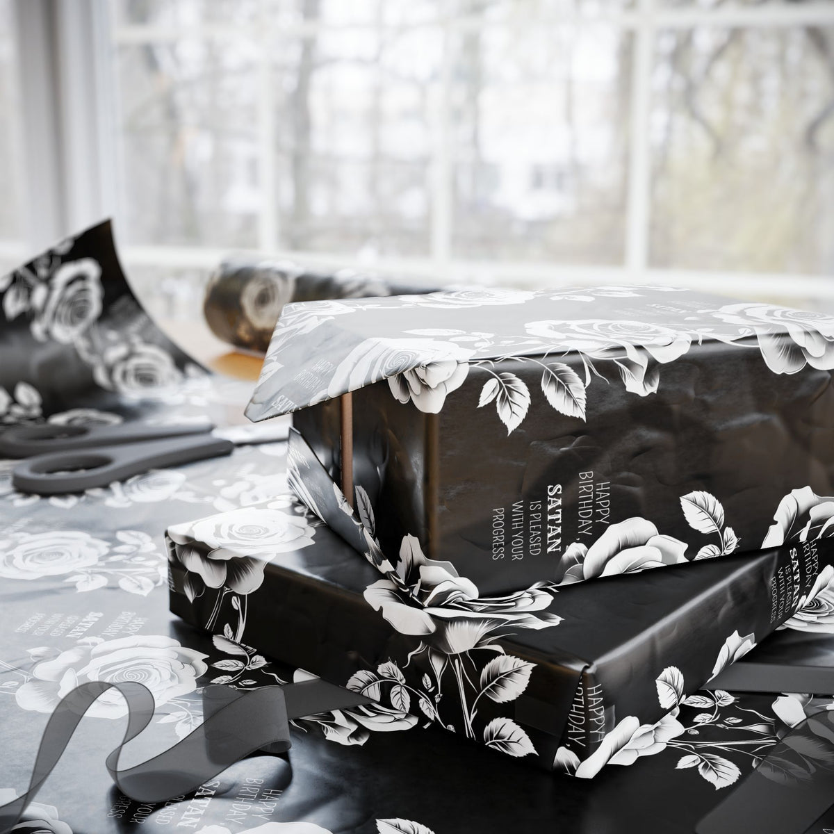 Birthday Rose from Satan Black & White Gothic Wrapping Paper