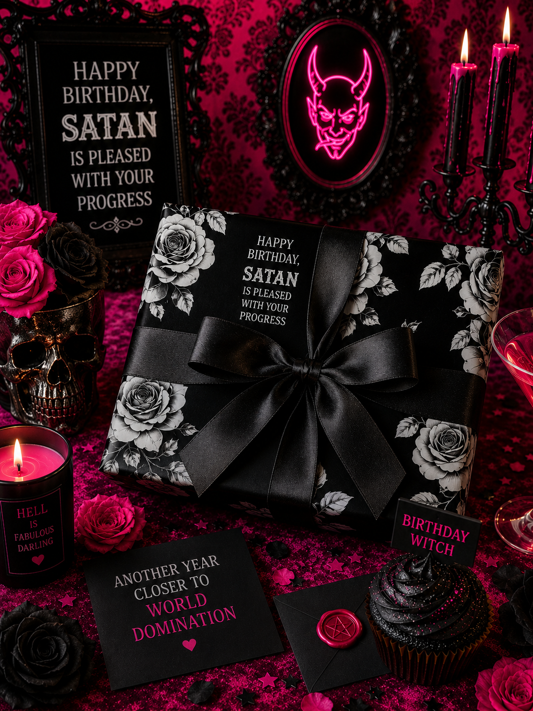 Birthday Rose from Satan Black & White Gothic Wrapping Paper