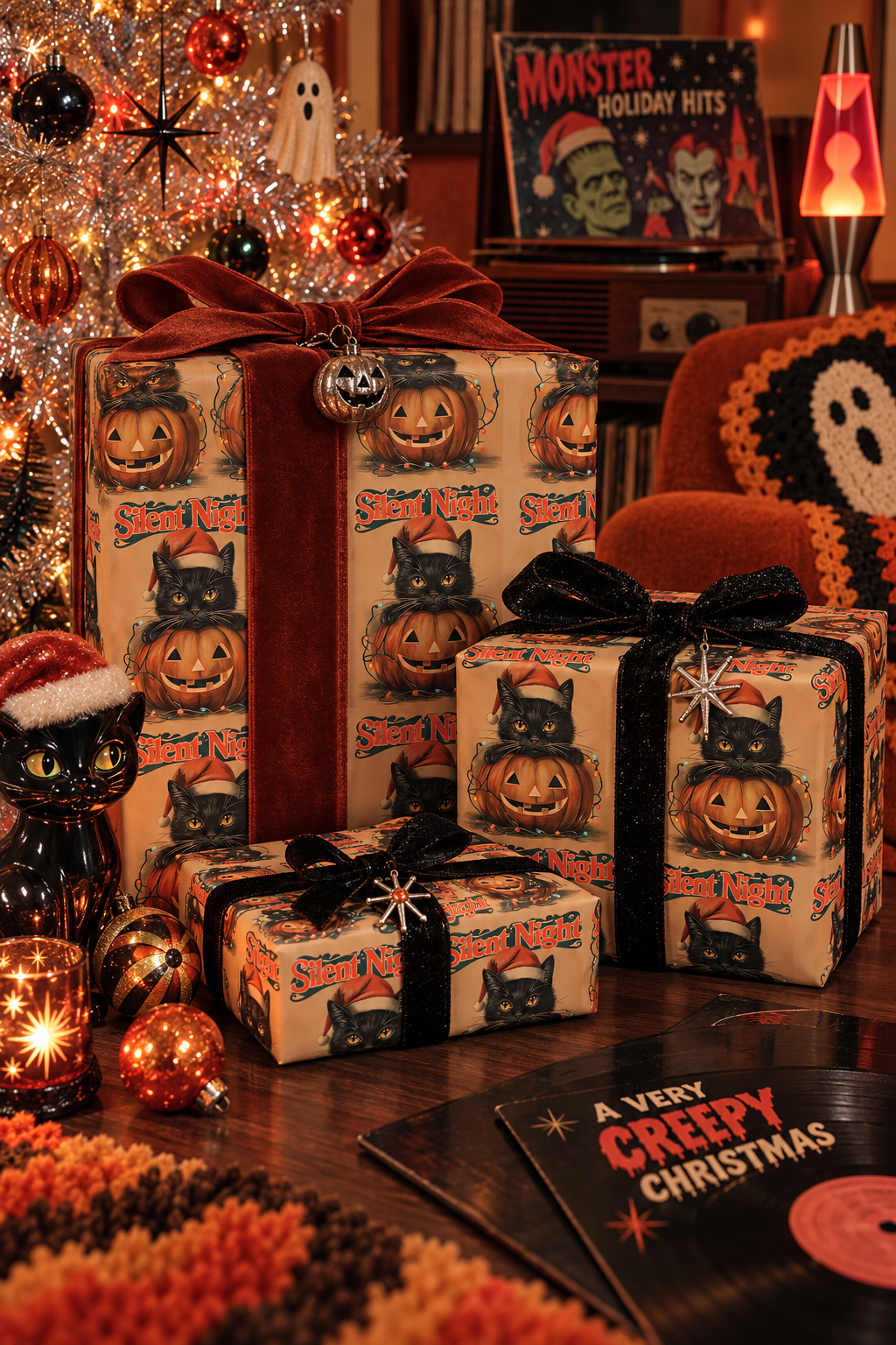 Silent Night Black Cat Christmas Wrapping Paper