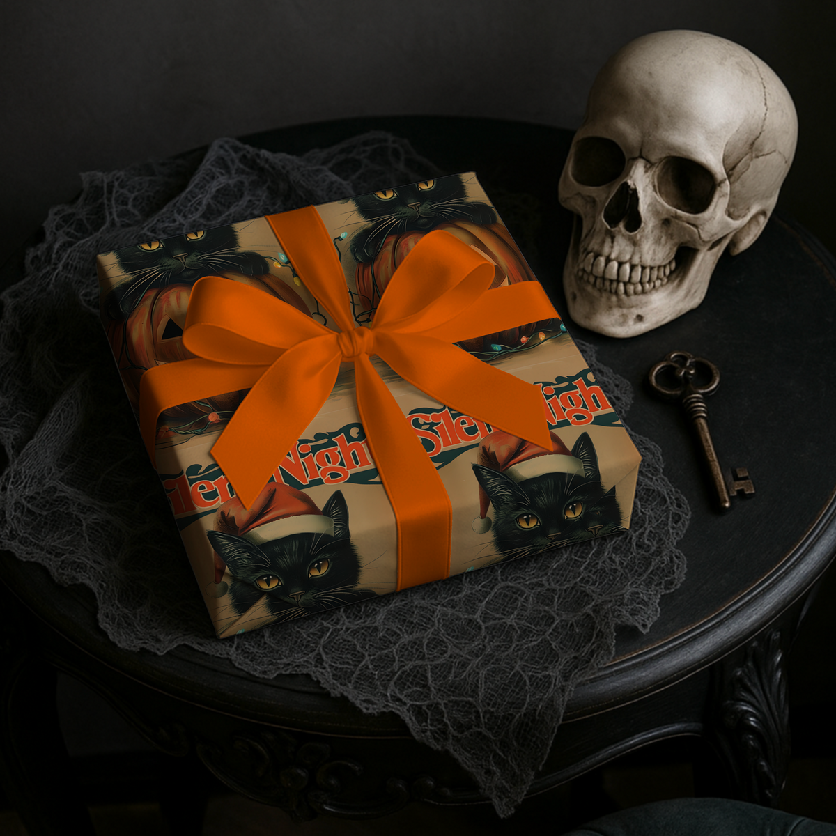 Silent Night Black Cat Christmas Wrapping Paper