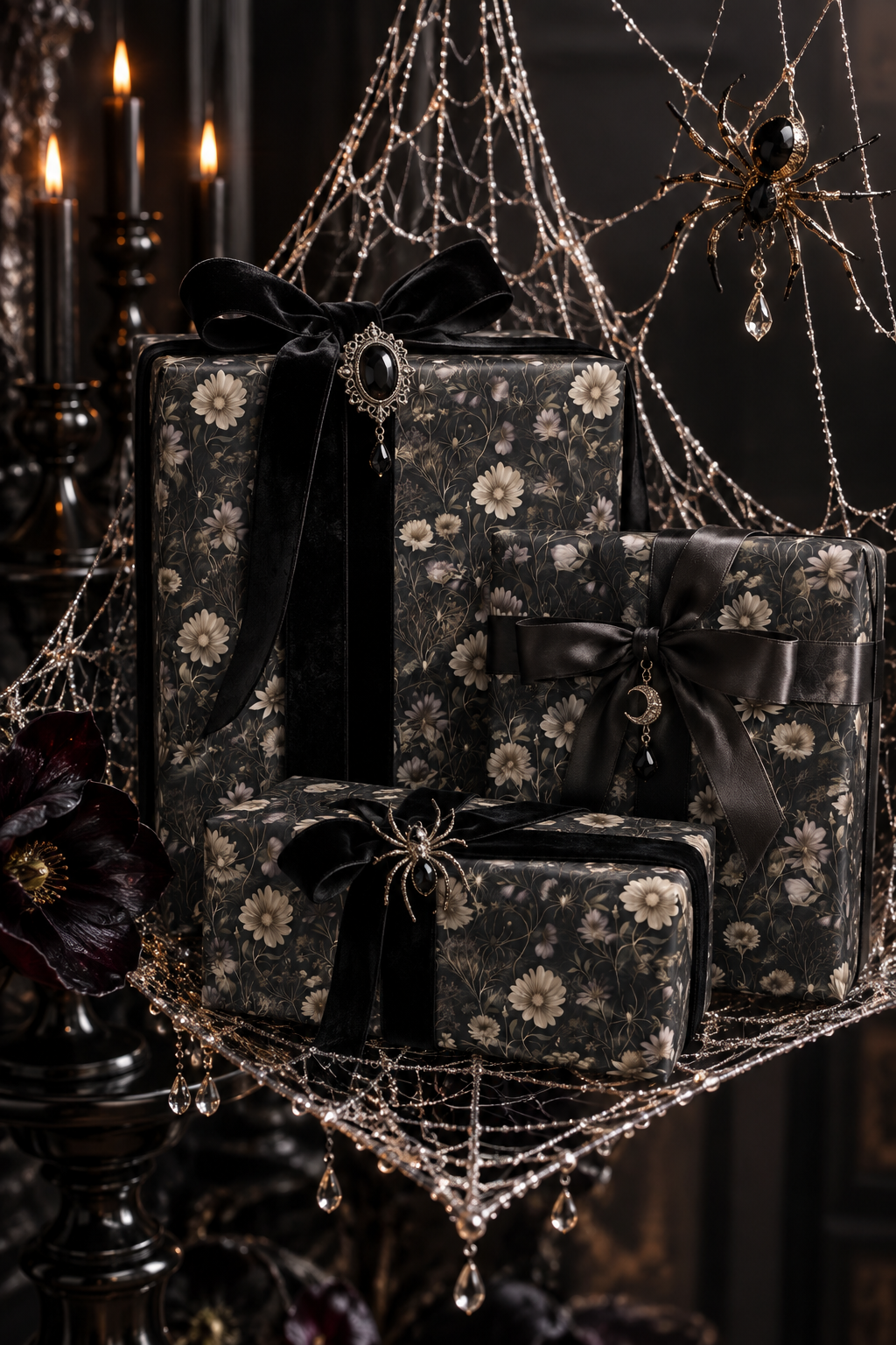 Spider Romance Black Victorian Elegant Floral Wrapping Paper