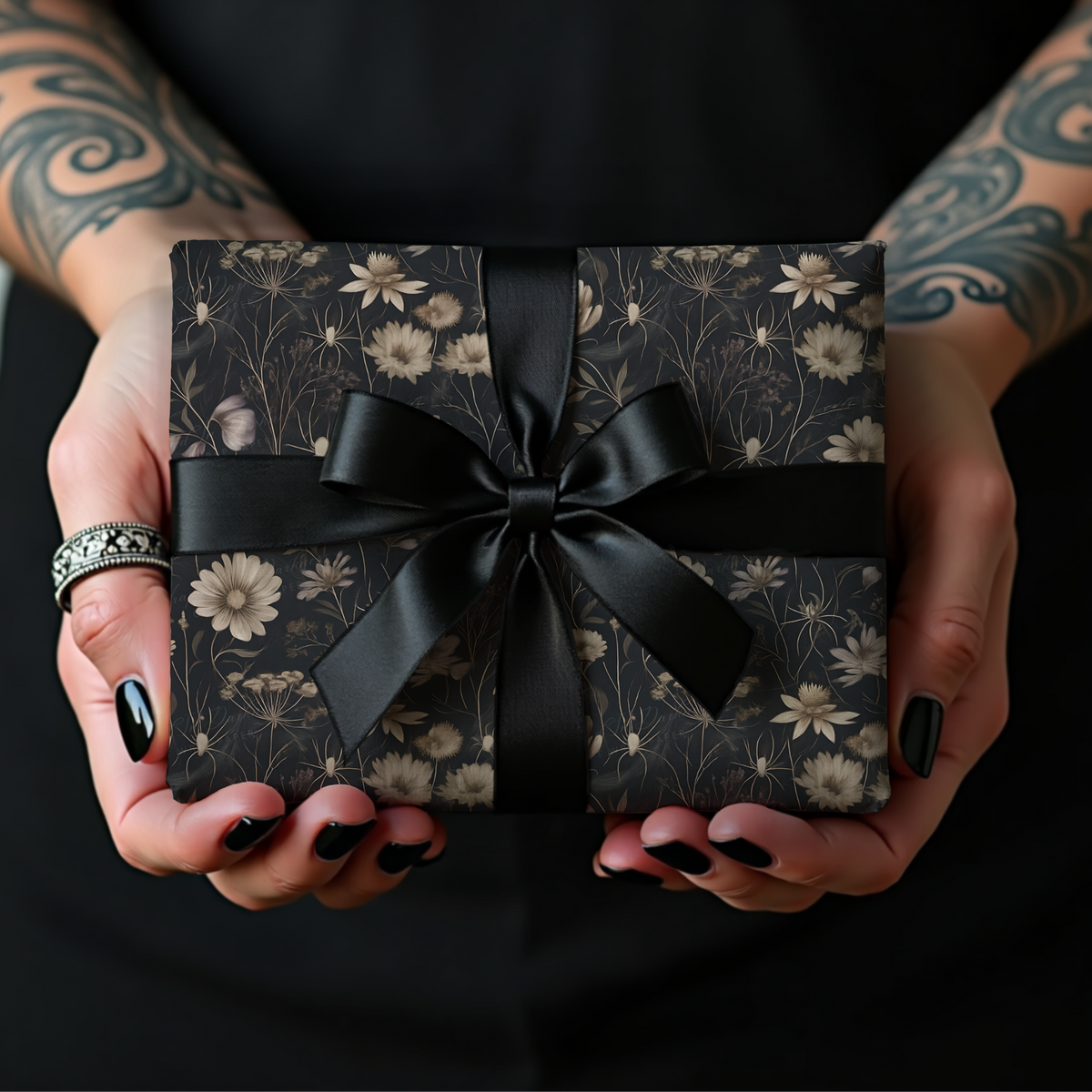 Spider Romance Black Victorian Elegant Floral Wrapping Paper