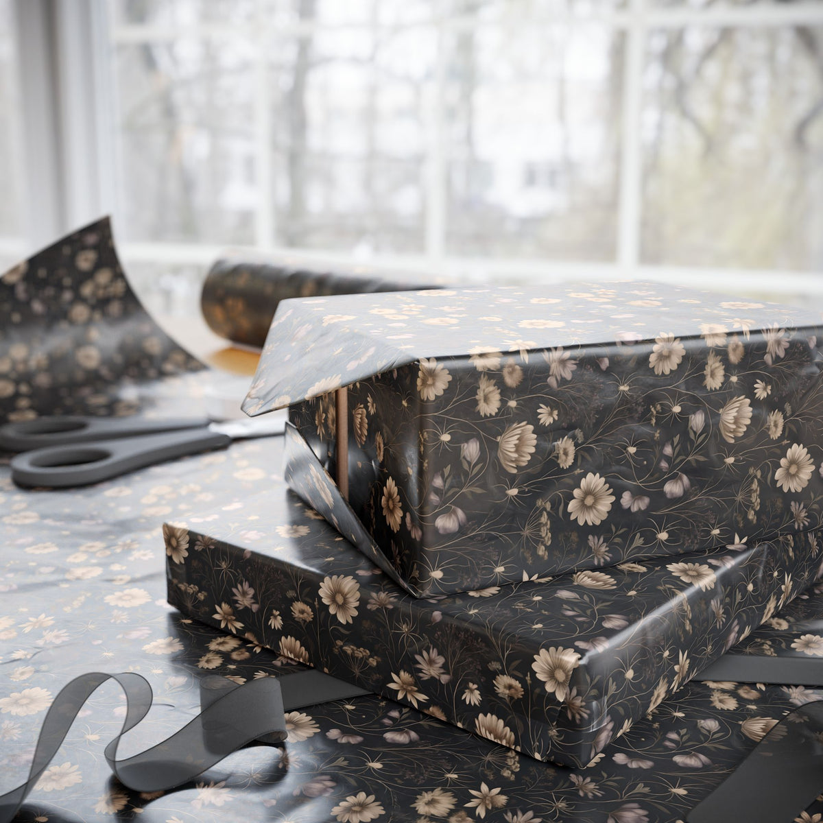 Spider Romance Black Victorian Elegant Floral Wrapping Paper