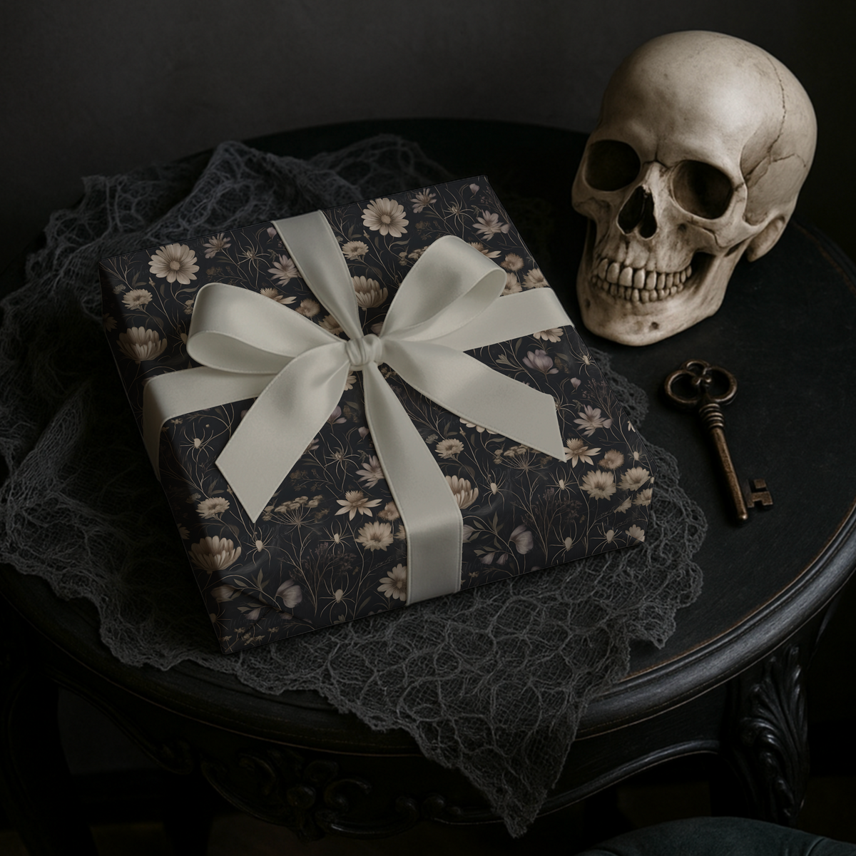 Spider Romance Black Victorian Elegant Floral Wrapping Paper