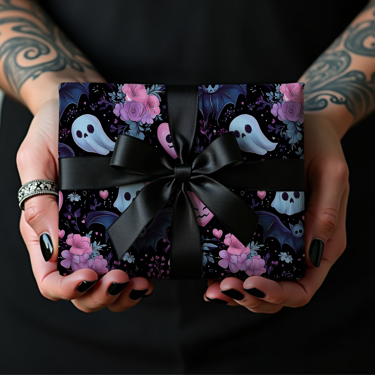 Spooky Little Sweethearts Cute Gothic Pastel Hearts & Bats Valentine Wrapping Paper