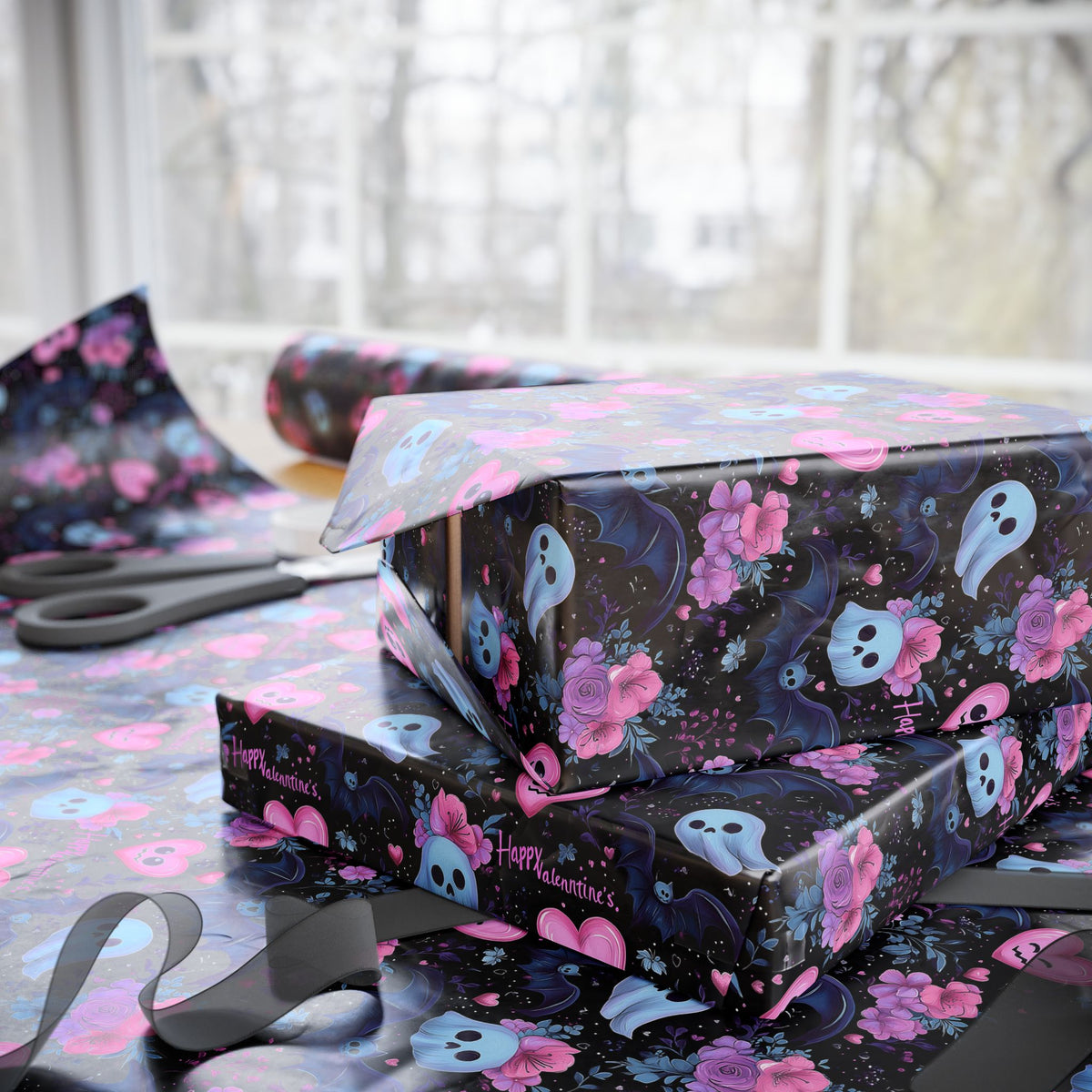 Spooky Little Sweethearts Cute Gothic Pastel Hearts & Bats Valentine Wrapping Paper