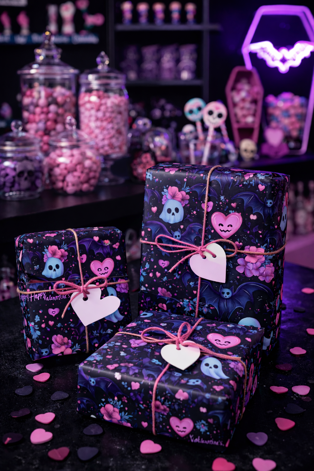 Spooky Little Sweethearts Cute Gothic Pastel Hearts & Bats Valentine Wrapping Paper
