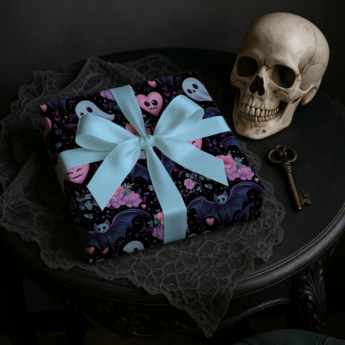 Spooky Little Sweethearts Cute Gothic Pastel Hearts & Bats Valentine Wrapping Paper