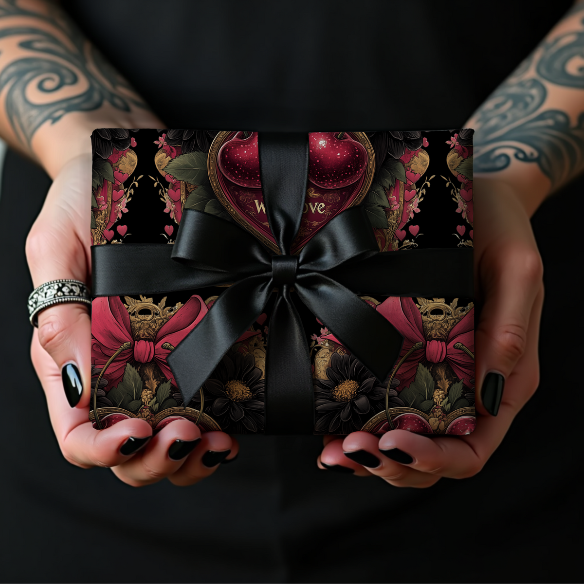 Tied With Devotion Cherry & Bow Dark Romance Gothic Valentines Wrapping Paper