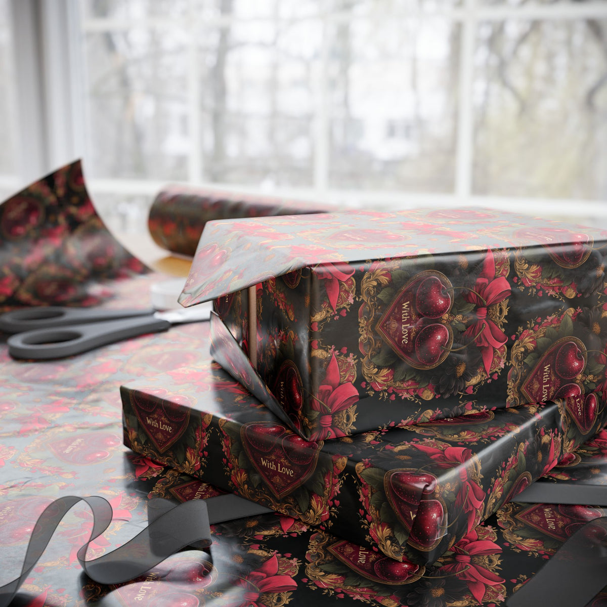 Tied With Devotion Cherry & Bow Dark Romance Gothic Valentines Wrapping Paper
