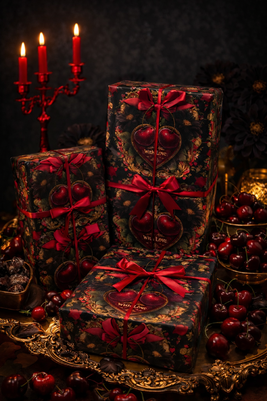 Tied With Devotion Cherry & Bow Dark Romance Gothic Valentines Wrapping Paper