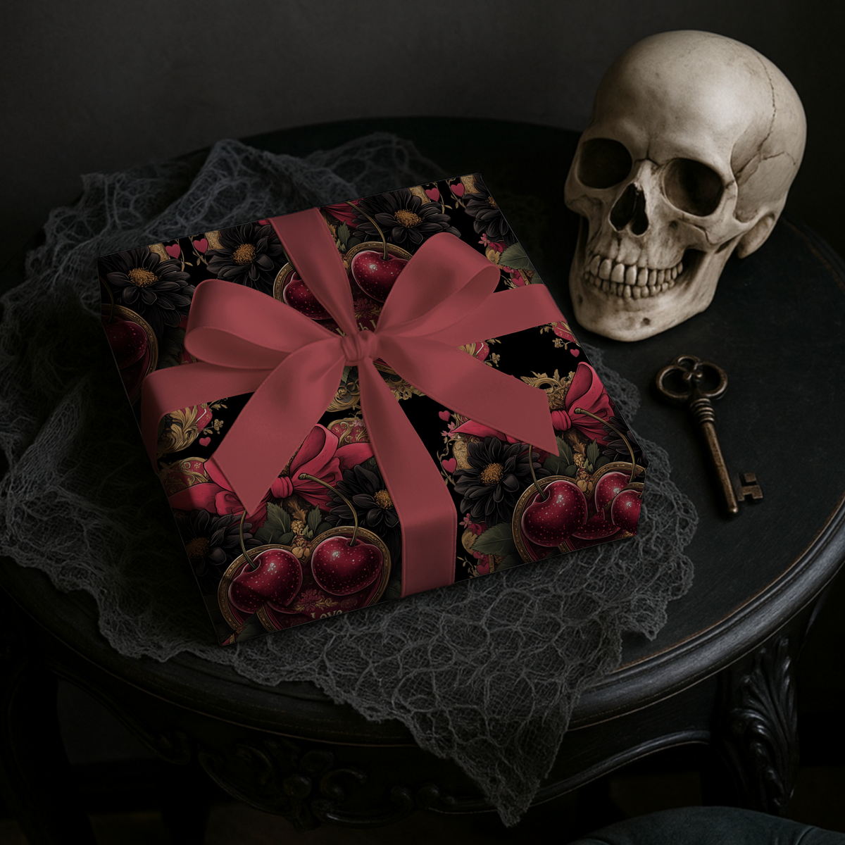 Tied With Devotion Cherry & Bow Dark Romance Gothic Valentines Wrapping Paper