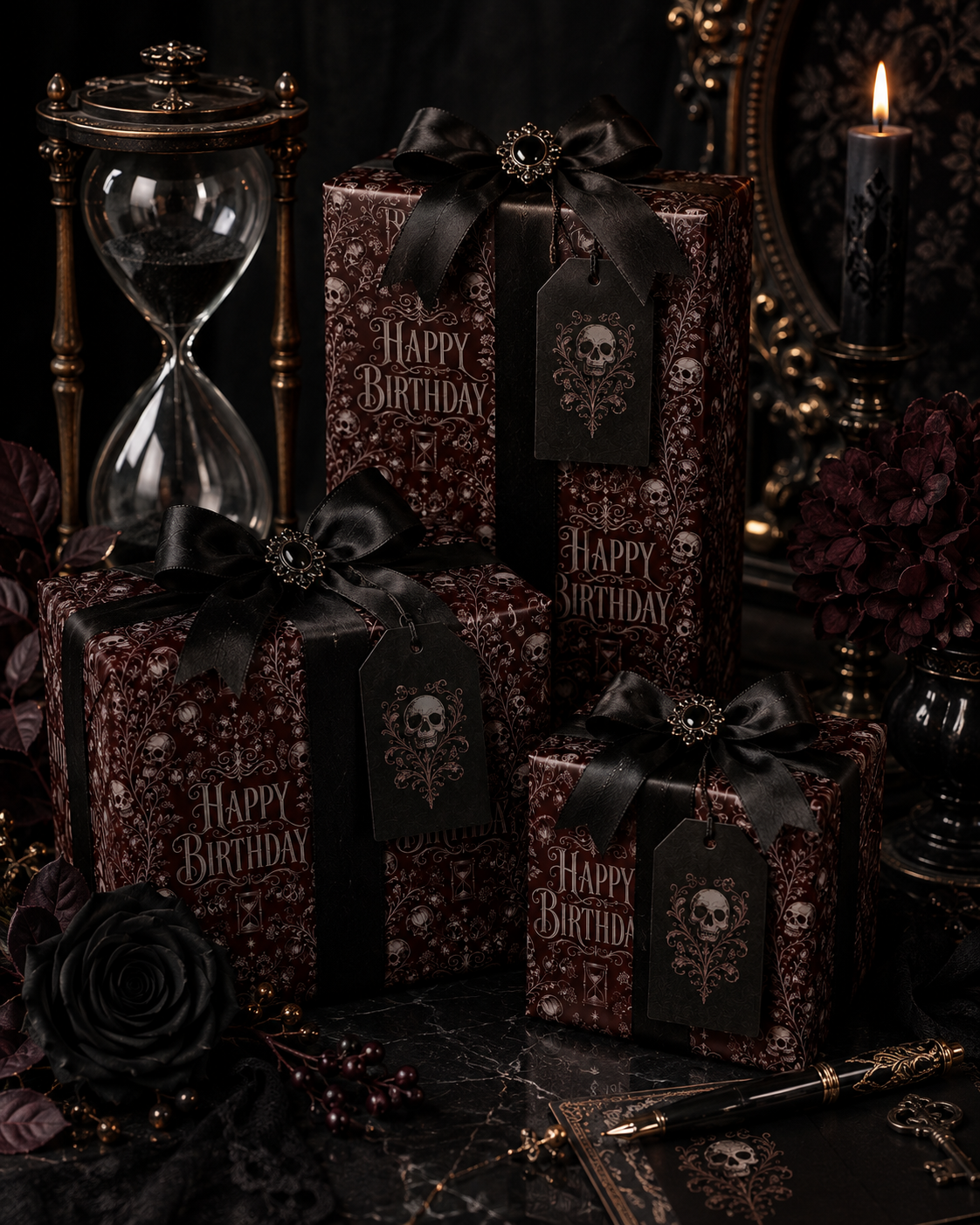 Till Death Do We Celebrate Gothic Poe Inspired Floral Birthday Wrapping Paper
