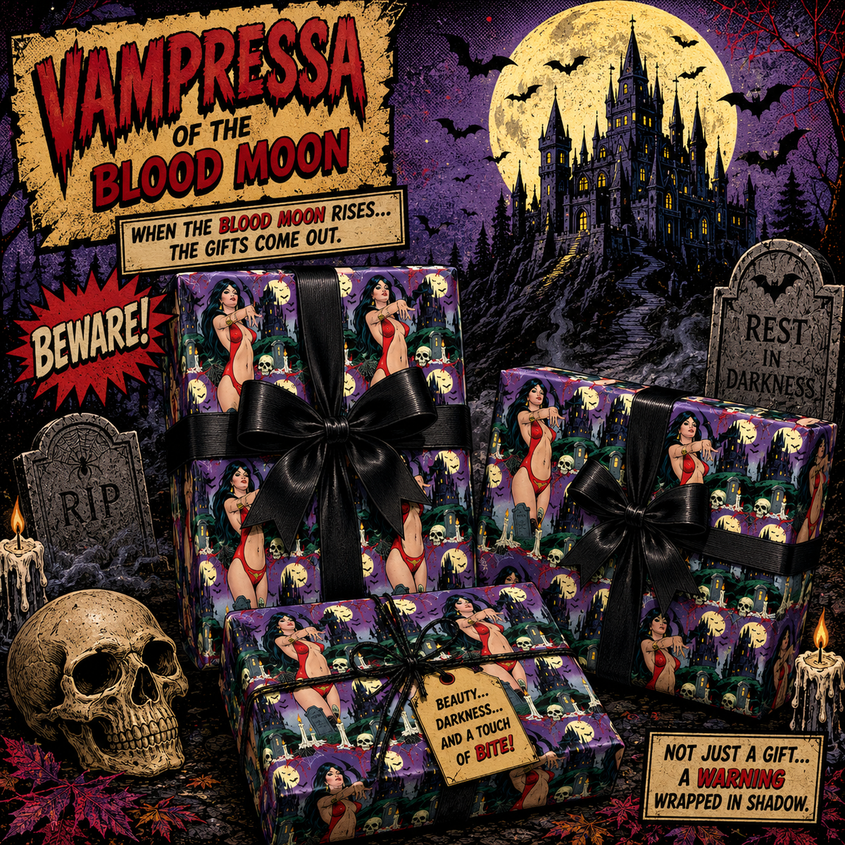 Vampressa of the Blood Moon Retro Vampire Comic Wrapping Paper
